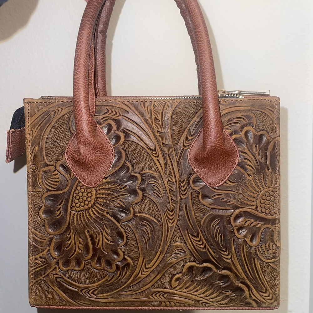 Brown Floral Embossed Leather Handbag